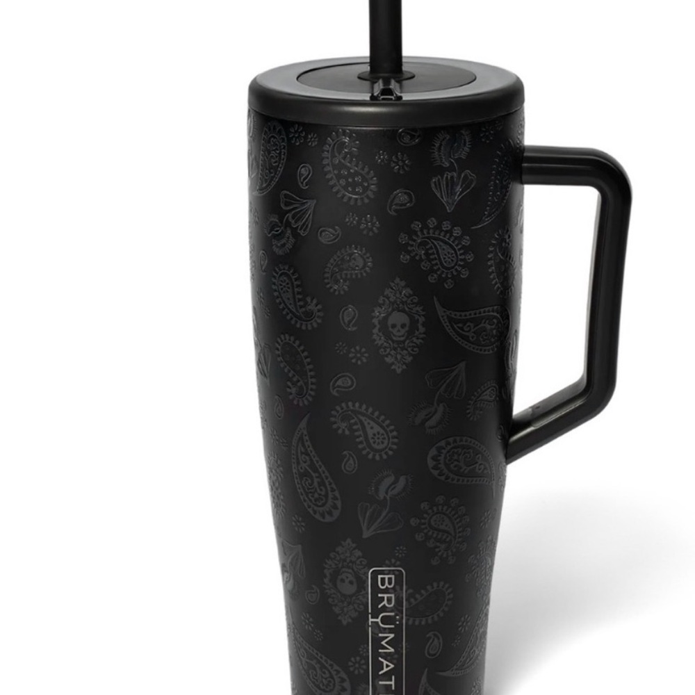 BrüMate Black Paisley Travel Mug with Handle. Glow in dark